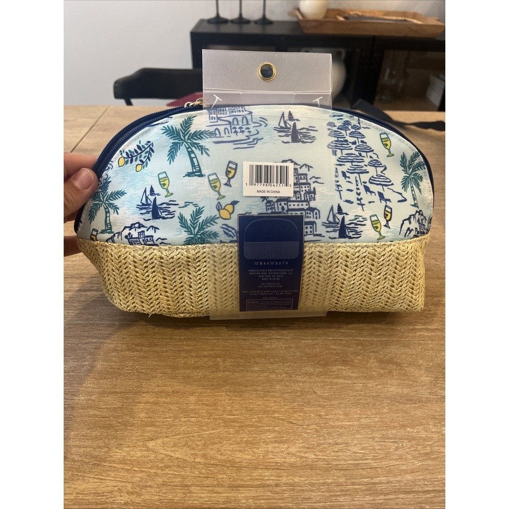 Straw Woven Blend Zip Make Up-Cosmetic Travel Bag Vacation 13"x7" Wandering Moon - Picture 2 of 3
